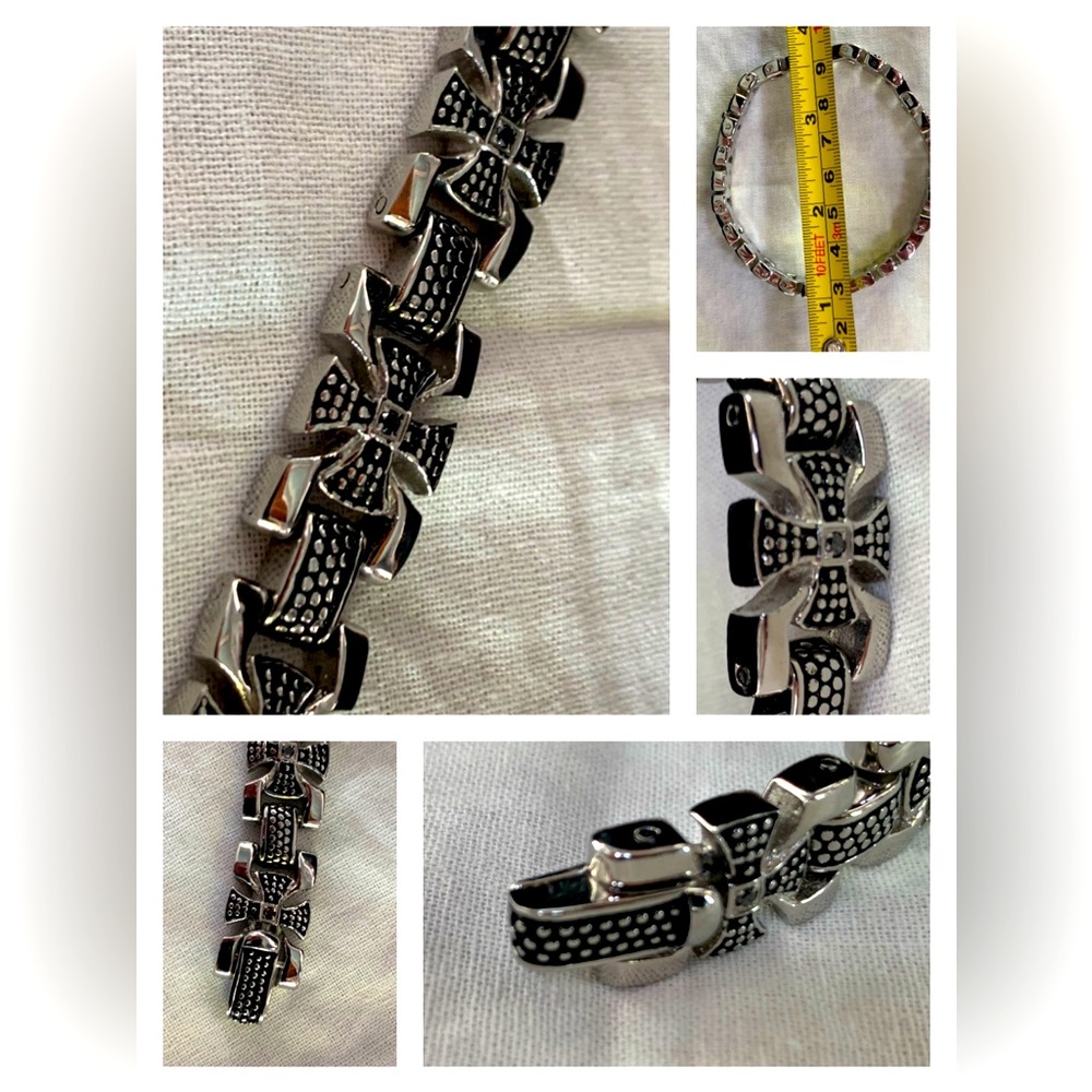 Men’s cross pattern silver stainless steel 8” bracelet